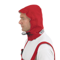 A man wearing a red hood and vest over a white shirt, looking to the left, appears ready for anything with his Lac-Mac, Limited Chemical Splash Protective Hood, for non-flammable liquid chemical hazards, 708XD.