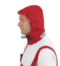 A man wearing a red hood and vest over a white shirt, looking to the left, appears ready for anything with his Lac-Mac, Limited Chemical Splash Protective Hood, for non-flammable liquid chemical hazards, 708XD.