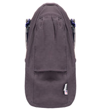 A rear view of a grey backpack with a flap covering the top, Switch Suit Hood, 40 Cal. ARC Rated, 709K by Lac-Mac, Limited for added safety, adjustable shoulder straps, and a tag visible on the side.