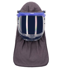 A Lac-Mac, Limited Switch Suit Hood, 40 Cal. ARC Rated, 709K with a blue rim and a clear protective visor, featuring a dark protective cloth drape hanging from the bottom. This hood is FR ARC-Flash Rated and falls under PPE Category 4 for superior ARC Protection.