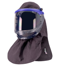 A dark-colored protective hood with an attached full-face shield and a clear visor, designed for industrial or laboratory use, featuring ARC Protection and PPE Category 4 certification, such as the Switch Suit Hood, 40 Cal. ARC Rated, 709K by Lac-Mac, Limited.