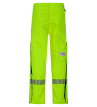 A pair of reflective high-visibility yellow Lac-Mac, Limited Pant, High-Visibility FR/ARC Rated, Canadian Markings, Regular, 710F-AF with an elastic waistband and side pockets, crafted from GORE-TEX PYRAD FABRIC.