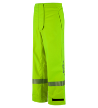 High-visibility yellow work pants with reflective stripes near the ankles. The Lac-Mac, Limited Pant, High-Visibility FR/ARC Rated, Canadian Markings, Regular, 710F-AF features belt loops, a zippered fly, front pockets, and adjustable leg cuffs.