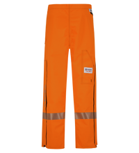 Bright orange high-visibility safety trousers with a gray reflective strip near the knees and pockets on the sides, featuring additional reflective markings for enhanced safety. Specifically, these are Lac-Mac, Limited's Pant, High-Visibility FR/ARC Rated, Canadian Markings, Regular, 710F-AF.