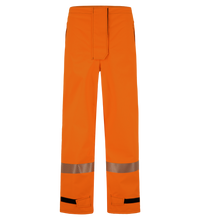 Bright orange high-visibility waterproof Pant, High-Visibility FR/ARC Rated, Canadian Markings, Regular, 710F-AF with reflective stripes around the knees and adjustable cuffs by Lac-Mac, Limited, classified as PPE Category 3.