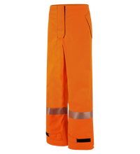 Bright orange, high-visibility Pant, High-Visibility FR/ARC Rated, Canadian Markings, Regular, 710F-AF with reflective markings around the legs, featuring adjustable Velcro closures at the ankle and a zippered front by Lac-Mac, Limited.