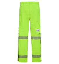 Lac-Mac, Limited's Pant, High-Visibility FR/ARC Rated, US Markings, Regular, 710F-AJ features bright high-visibility yellow-green pants with reflective tape around the lower legs and an elastic waistband. They come with a side pocket, a small logo patch, and FR ARC-Flash Rated protection perfect for PPE Category 3.