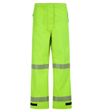 High-visibility yellow safety pants with reflective strips on the legs, featuring Velcro closures at the cuffs and FR ARC-flash rated for PPE Category 3 compliance can be replaced with Pant, High-Visibility FR/ARC Rated, US Markings, Regular, 710F-AJ by Lac-Mac, Limited.