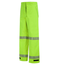 High-visibility yellow safety pants, Pant, High-Visibility FR/ARC Rated, US Markings, Regular, 710F-AJ by Lac-Mac, Limited, with reflective bands around the legs and pockets on the sides.