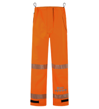 Bright Hi-Vis Orange waterproof Pant, High-Visibility FR/ARC Rated, US Markings, Regular, 710F-AJ with reflective bands around the legs and multiple pockets, featuring a Lac-Mac Limited logo. Made with durable GORE-TEX PYRAD Fabric for added protection.