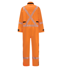 An orange coverall with reflective stripes across the back and sleeves, designed for high visibility. This High-Visibility Chemical Splash Protective Coverall, for non-flammable liquid chemical hazards, 763A-BB by Lac-Mac, Limited ensures safety in demanding conditions.