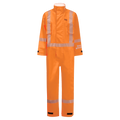 High-visibility texturized Lac-Mac, Limited High-Visibility Chemical Splash Protective Coverall, for non-flammable liquid chemical hazards, 763A-BB in bright orange, featuring reflective strips, long sleeves, and a front zipper closure. NFPA 1990 Certified for chemical splash protection.