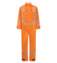 High-visibility texturized Lac-Mac, Limited High-Visibility Chemical Splash Protective Coverall, for non-flammable liquid chemical hazards, 763A-BB in bright orange, featuring reflective strips, long sleeves, and a front zipper closure. NFPA 1990 Certified for chemical splash protection.