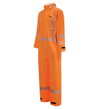 A bright orange Lac-Mac, Limited High-Visibility Chemical Splash Protective Coverall, for non-flammable liquid chemical hazards, 763A-BB with reflective stripes on the chest, arms, and legs. It has long sleeves, a high collar, and is designed for visibility in hazardous work environments. Made from High-Visibility Texturized GORE-TEX for added protection.