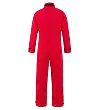 A red, full-body Chemical Splash Protective Coverall, for non-flammable liquid chemical hazards, 763A made from GORE-TEX® Chemical Splash Fabric with long sleeves and black trim at the cuffs and neck, viewed from the back. This product is manufactured by Lac-Mac, Limited.