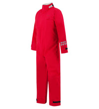 A red, full-body racing suit with long sleeves and Velcro closures on the cuffs and ankles. The suit features a high collar and a small branded patch on the right sleeve, constructed from GORE-TEX® Chemical Splash Fabric for added protection. This is the Lac-Mac, Limited Chemical Splash Protective Coverall, for non-flammable liquid chemical hazards, 763A.