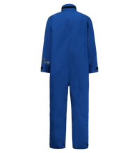 A back view of a blue, Lac-Mac, Limited Multi-Haz Protective Coverall, for flammable liquid chemical hazards, 763ZA with long sleeves and a zipper closure up to the collar.