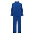 A blue, full-body Lac-Mac, Limited Multi-Haz Protective Coverall, for flammable liquid chemical hazards, 763ZA with a front zipper. Crafted with GORE-TEX PYRAD®, the coverall features long sleeves, a high collar, and elastic cuffs at the wrists and ankles for superior protection against the elements.