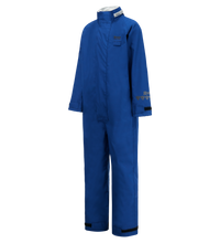 A blue, full-body protective jumpsuit with a front zipper and velcro closures on the cuffs and ankles, designed as an FR ARC-Flash Rated Liquid Chemical Splash Protective Coverall is the Lac-Mac, Limited Multi-Haz Protective Coverall, for flammable liquid chemical hazards, 763ZA.