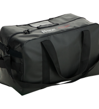 A black Lac-Mac, Limited Gear Bag, 41GBAA with shoulder straps and a carrying handle, designed with a compact, rectangular shape and zipper closure. This liquid-resistant bag is perfect for organizing your rain gear.