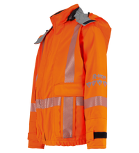 An orange high-visibility GORE-TEX jacket with reflective silver stripes, featuring a hood and multiple pockets. The brand logo is visible on the left sleeve, ensuring you're both safe and stylish in PPE Category 3. Product Name: Jacket, High-Visibility FR/ARC Rated, Canadian Markings, Regular, 707F-GM Brand Name: Lac-Mac, Limited