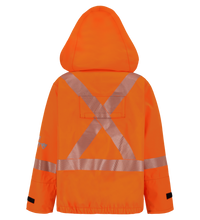 High-visibility orange Lac-Mac, Limited Jacket, High-Visibility FR/ARC Rated, Canadian Markings, Regular, 707F-GM with reflective silver X-back stripes, a hood, and black adjustable cuffs. This FR ARC-Flash Rated jacket is PPE Category 3 compliant for ultimate safety.