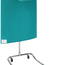 A teal podium with a chrome base on wheels is shown against a plain background, featuring Lac-Mac, Limited's Mayo Stand Cover, Level 4, 75XV for enhanced durability and cleanliness.